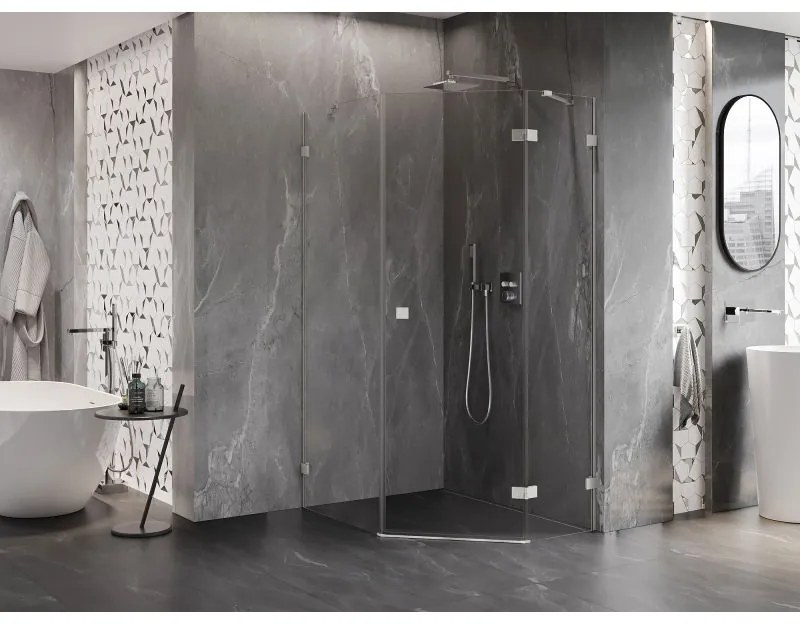 Mexen Lunar, pravý výklopný päťuholníkový sprchový kút 90 x 100 cm, 8mm číre sklo, oceľový profil, 831-090P-100L-97-00-P