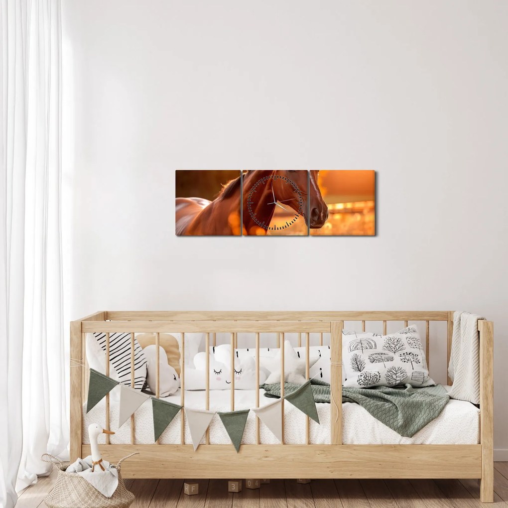 Obraz - Kôň v západe slnka (s hodinami) (90x30 cm)