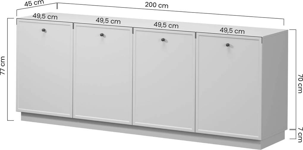 Komoda Lorini 200 cm štvordverová - kašmír / zlaté úchytky T-bar