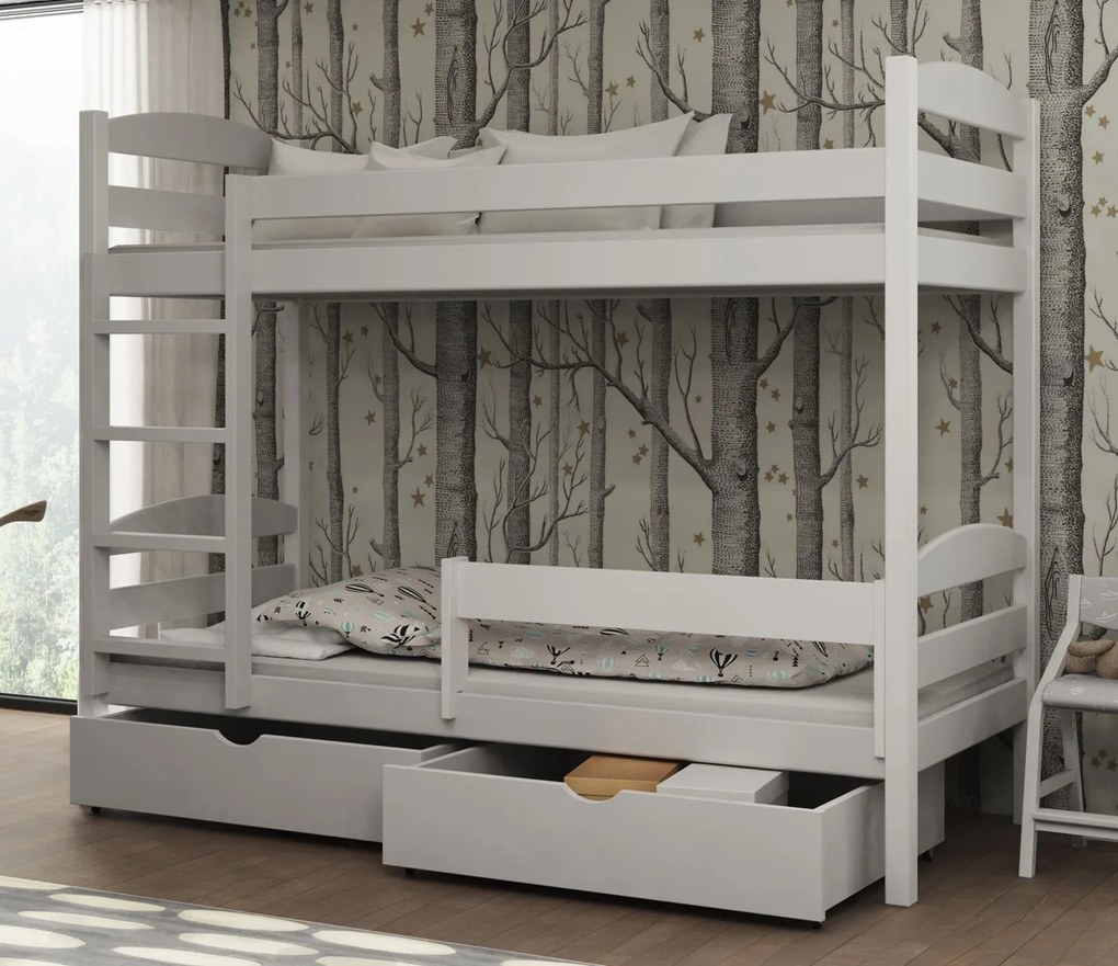 Detská poschodová posteľ z masívu borovice KAJETÁN so šuplíkmi - 200x90 cm - BIELA