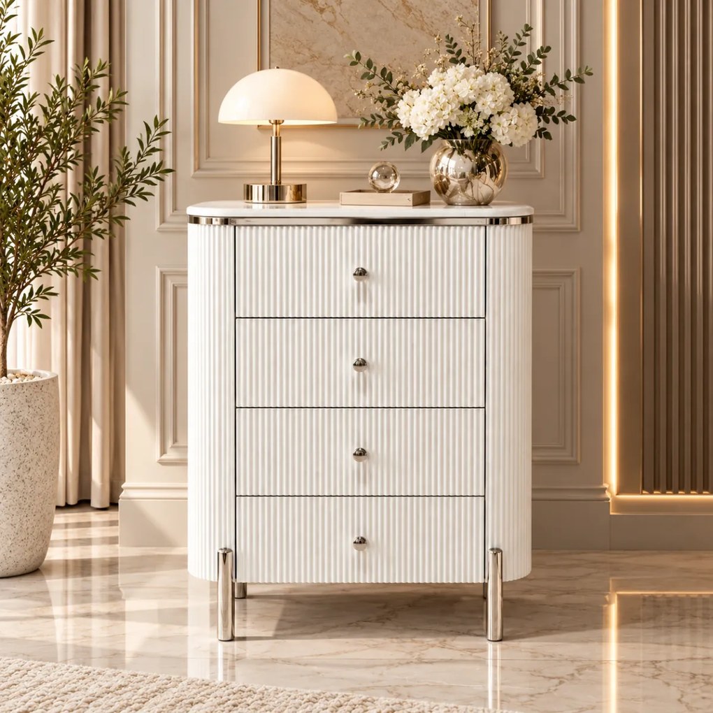 KOMODA GASTON 4S STRIEBORNÉ NOHY + BIELA + MRAMOR 75 cm