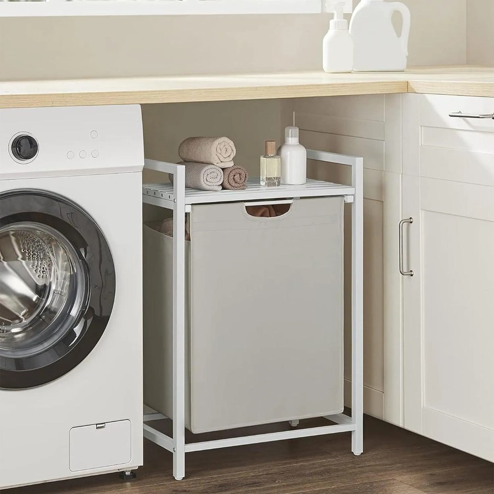 Kôš na bielizeň 65 l, kôš na prádlo s policou a kovovým rámom, biely