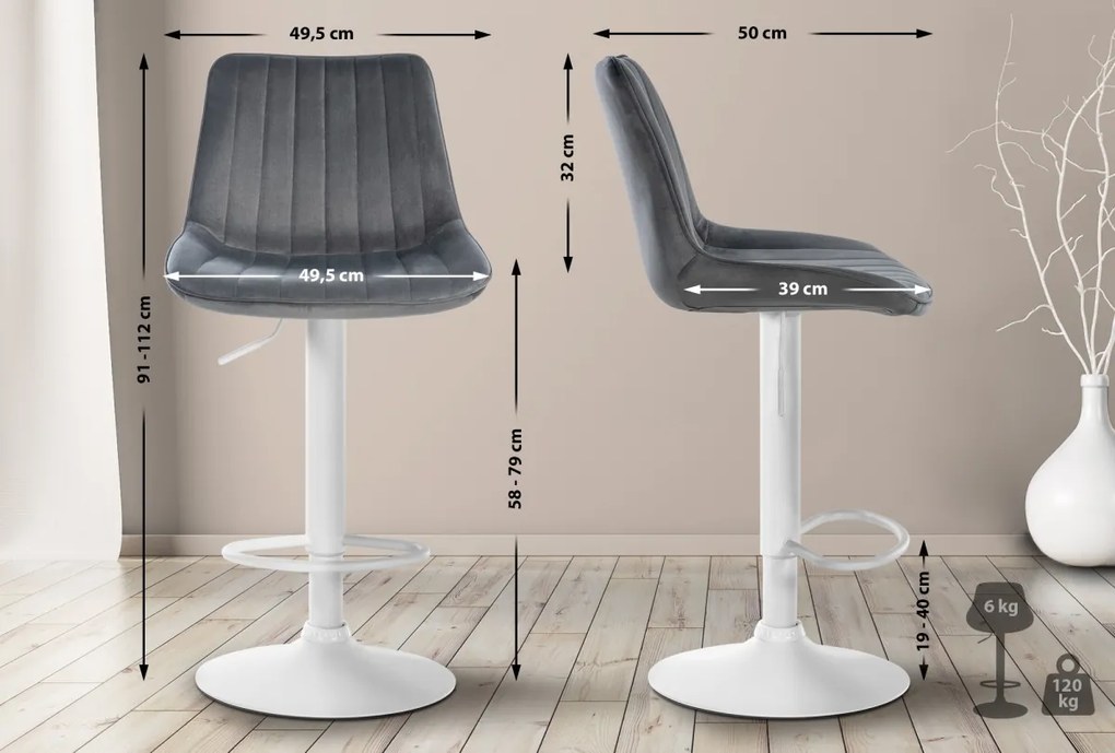 2x Barová stolička Toni - zamat, biely rám Tmavo sivá
