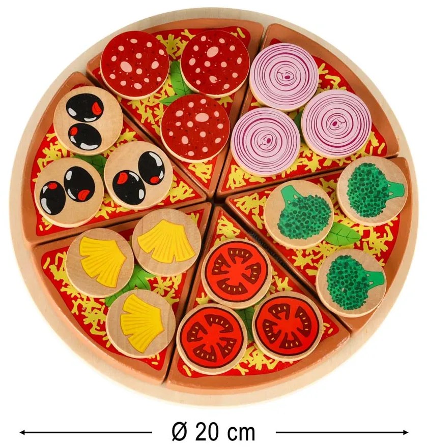 Dřevěná sada na pizzu KIK pro děti, 27 dílů – krájení a zdobení pizzy
