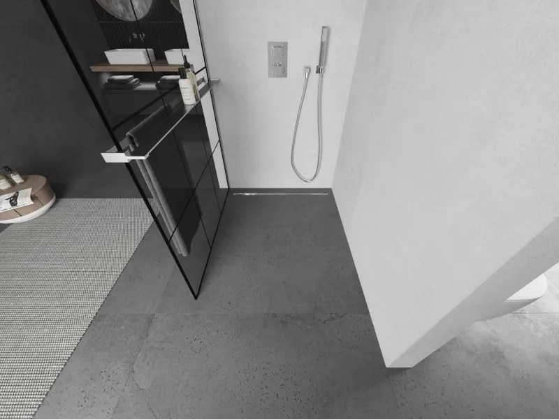 Mexen Kioto+ L, sprchová zástena Walk-In s poličkou a vešiakom 100 x 200 cm, 8mm číre sklo čierny vzor, chrómový profil, 800-100-123-01-77
