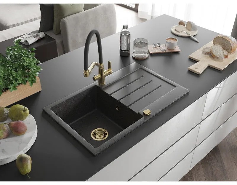 Mexen Bruno, 1-komorový granitový drez 795x495x200 mm a drezová batéria Duo, čierna škvrnitá, 6513-76-671701-57-G