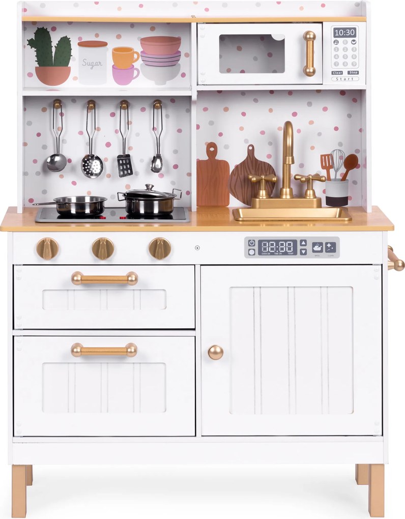 Detská drevená kuchynka ECOTOYS s LED a zvukmi, otvárateľné skrinky, 7 kovových doplnkov