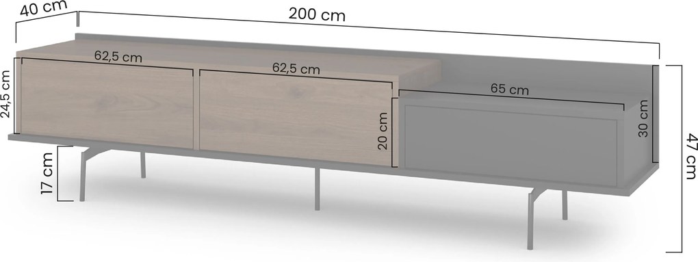TV skrinka so zásuvkou Zenar 200 cm na kovových nohách - orech elegant / čierna