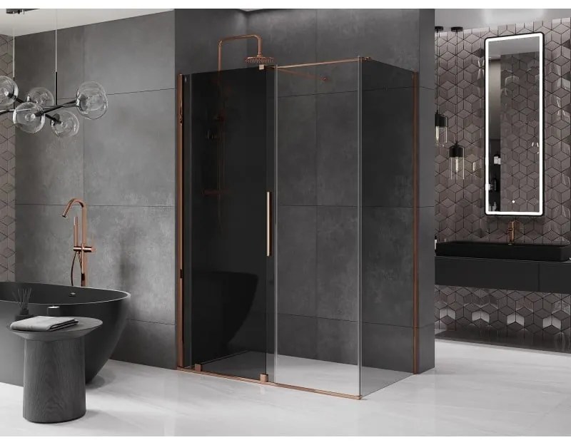 Mexen Velar, sprchový kút s posuvnými dverami 150 x 85 cm, 8mm šedé sklo, ružové zlato, 871-150-085-41-60