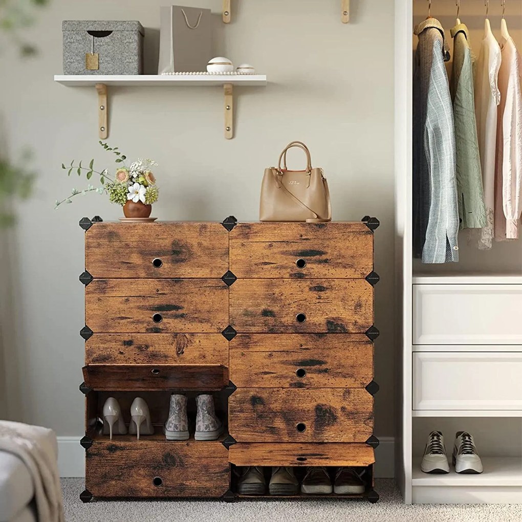 Modulárny policový systém, botník, 10 priehradiek, rustikálny hnedý