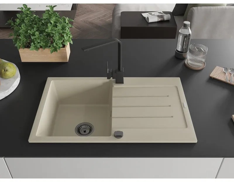 Mexen Bruno, drez granitový 795x495x200 mm, 1-komorový, béžová s čiernym sifónom a čierna drezová batéria Rita, 6513-69-670300-70