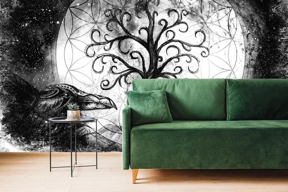 Samolepiaca tapeta čiernobiely magický strom života - 150x100