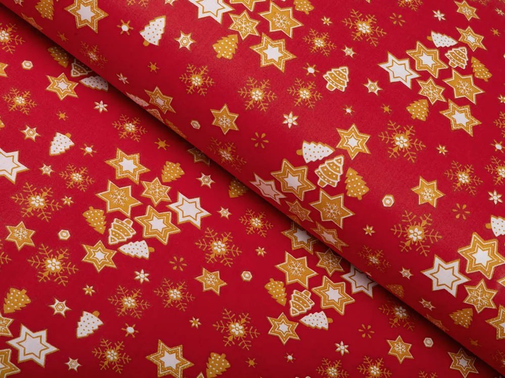 Biante Vianočný bavlnený obdĺžnikový obrus Sandra SA-408 Hviezdičky a stromčeky na červenom 120x200 cm