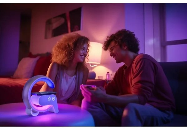 Immax 08987L-LEDRGB Stmievateľná lampa s budíkom a Qi nabíjaním 30W/230V strieborná