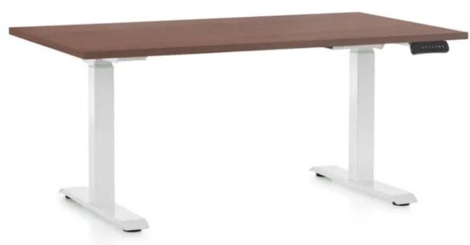 Výškovo nastaviteľný stôl OfficeTech D, 140 x 80 cm, biela podnož, orech