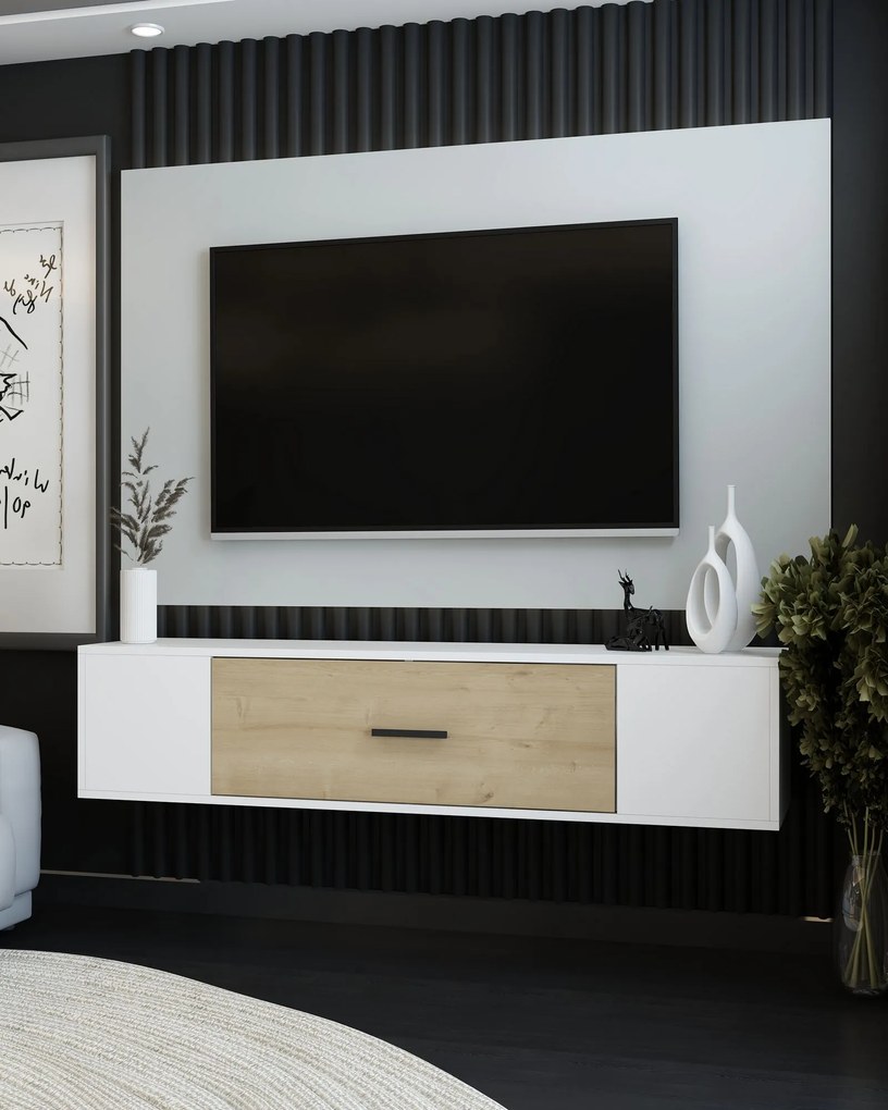 TV stolík/skrinka Kondor (biela + dub zafírový). Akcia -16%. Vlastná spoľahlivá doprava až k Vám domov. 1127728