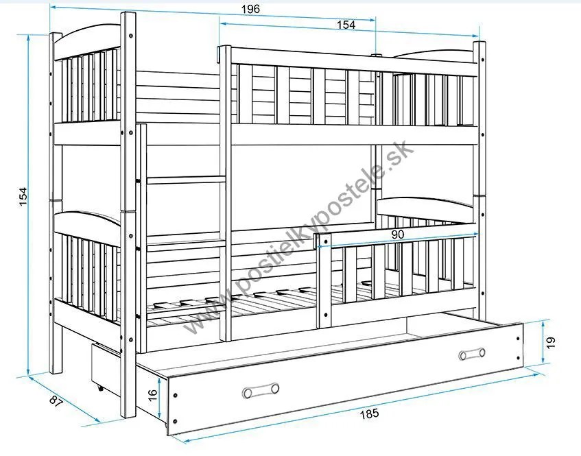 Poschodová posteľ KUBO - 190x80cm - Grafitová - Zelená