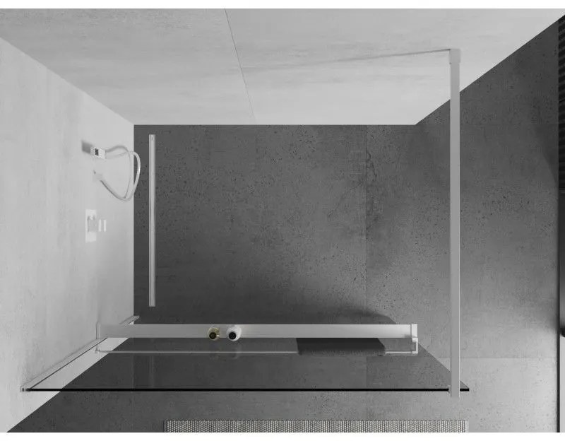 Mexen Kioto+, sprchová zástena Walk-In s poličkou a vešiakom 115 x 200 cm, 8mm číre sklo, biely profil, 800-115-121-20-00