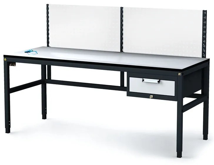 Antistatický dielenský ESD stôl s perfopanelom, 1 zásuvkový box na náradie, 1800x800x745-985 mm