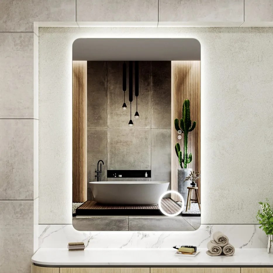 Erga Myra, LED zrkadlo 120x80 cm s kozmetickým zrkadlom 3x zväčšenie, 4598 lm, 3 farby svetla, zadné osvetlenie, ERG-V01-MYRA-1280-00