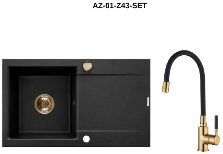Invena Tesalia, 1-komorový granitový drez s odkvapkávačom 760x440x160 mm a kuchynskou batériou Glamour s flexibilným ramenom + zlatý automatický sifón, INV-AZ-01-Z43-SET