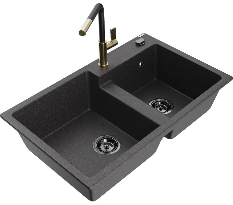 Mexen Tomas, 2-komorový granitový drez 800x500x190 mm a drezová batéria Flora, čierna škvrnitá, 6516-76-670401-57-B