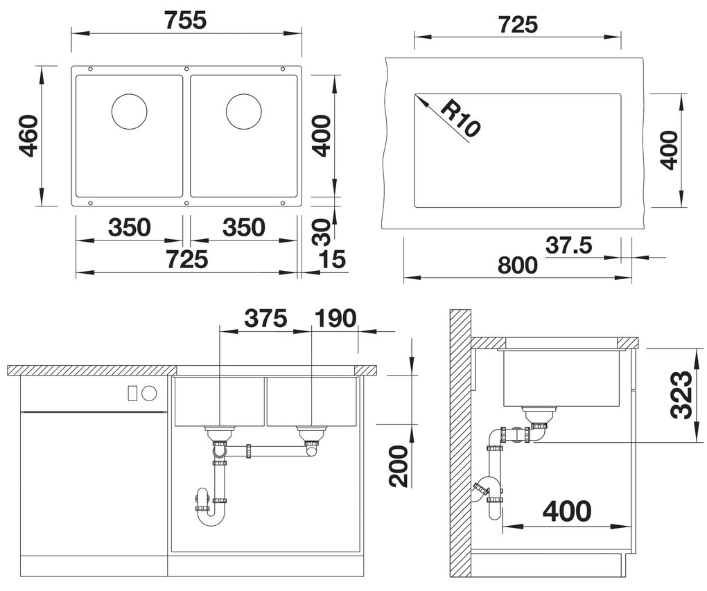 Blanco Subline 350/350-U, silgranitový drez 755x460x200 mm, 2-komorový, čierna, BLA-525987