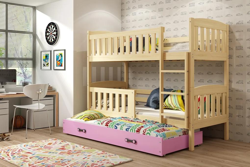 Detská poschodová posteľ s prístelkou KUBUŠ 3 | borovica Farba: Borovica / ružová, Rozmer.: 200 x 90 cm