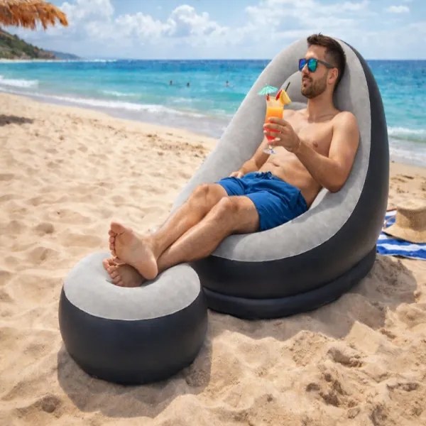 Nafukovacie relaxačné kreslo s podnožkou šedé