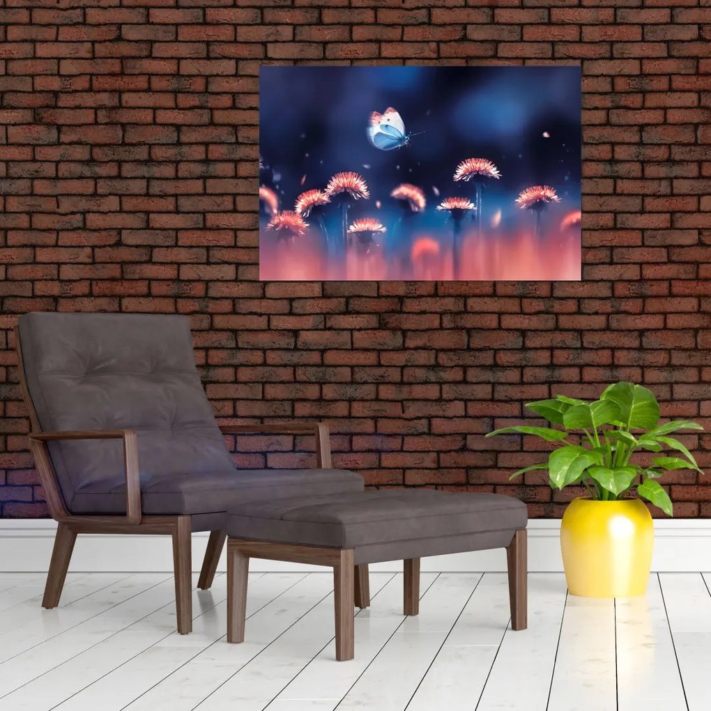 Obraz púpav s modrým motýľom (90x60 cm)