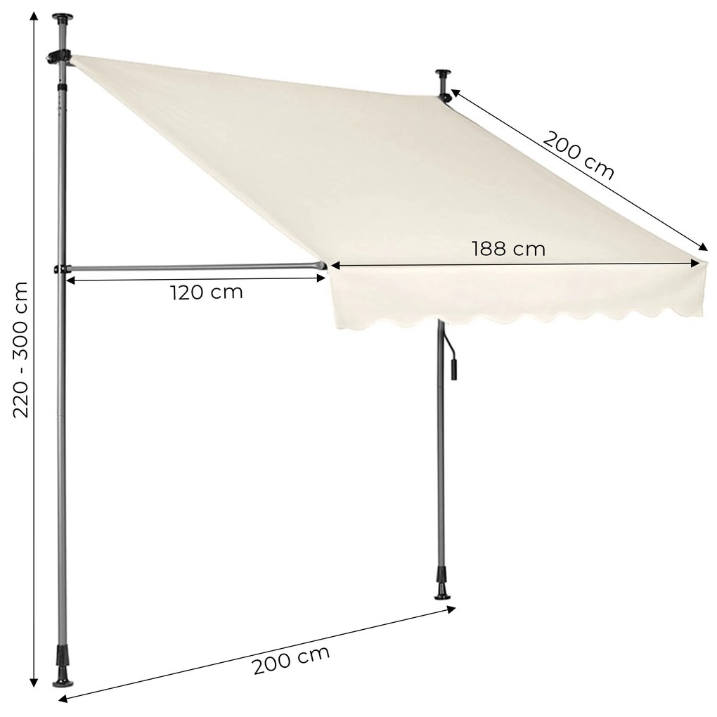 Balkónová slnečná markíza 200x120 cm, výškové nastavenie, vodotesná ručná kľuka, béžová, MultiGarden