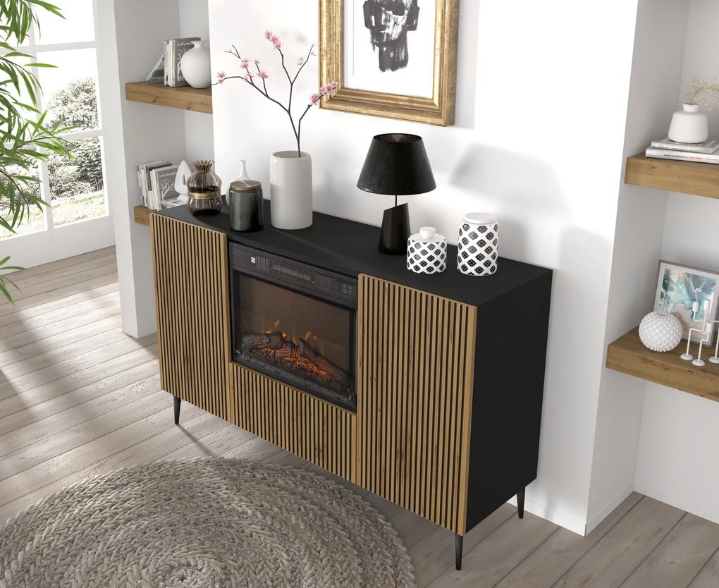 Skrinka s elektrickým krbom F 2D1K Rowanna (dub artisan + čierna). Akcia -20%. Vlastná spoľahlivá doprava až k Vám domov. 1125063