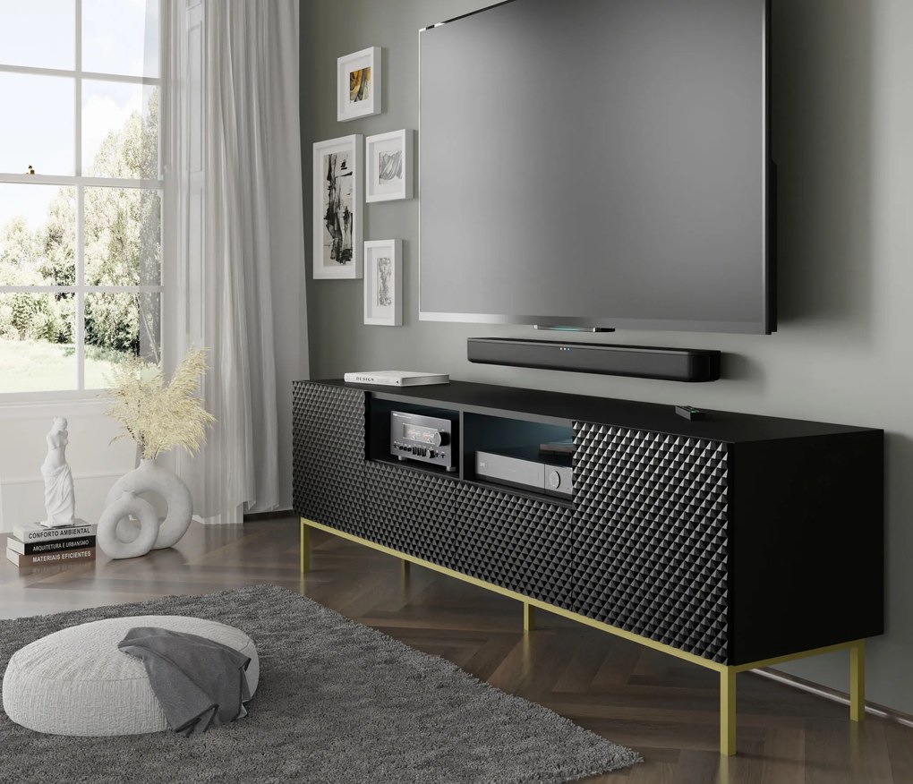 TV skrinka/stolík CCK 4D 200 Rowanna (biela lesklá + zlatá). Akcia -20%. Vlastná spoľahlivá doprava až k Vám domov. 1125061