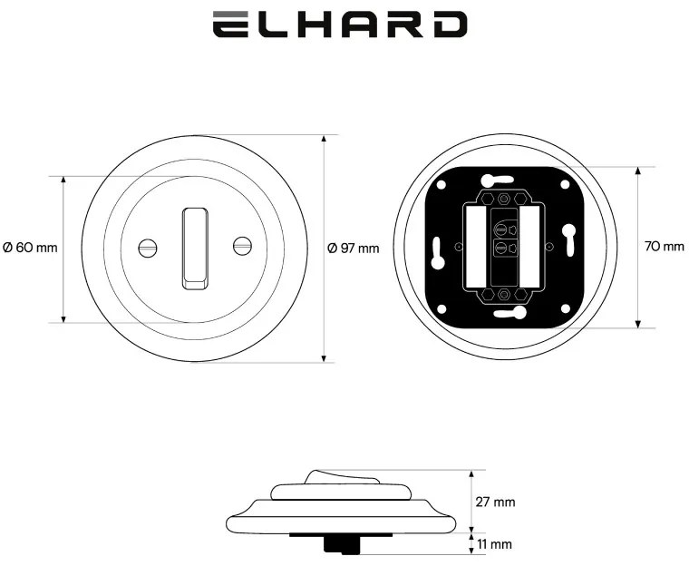 Elhard Okrúhly keramický vypínač s kolískou č.1, biely - kompletný KV5001W