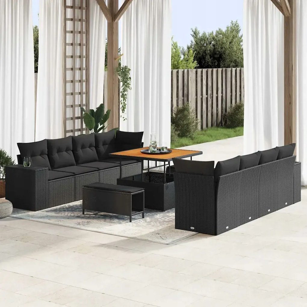 vidaXL 11-dielna záhradná pohovka s vankúšmi Čierny polyratan Akácia