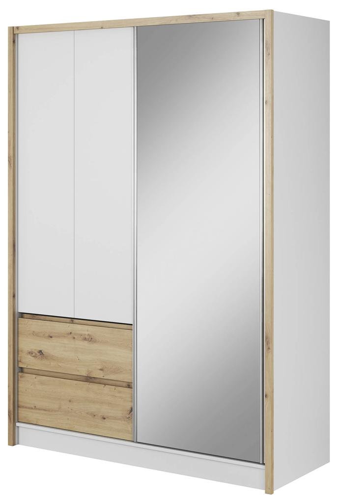 Šatníková dvojdverová skriňa SCOTT so zrkadlom biela + dub artisan 150 cm
