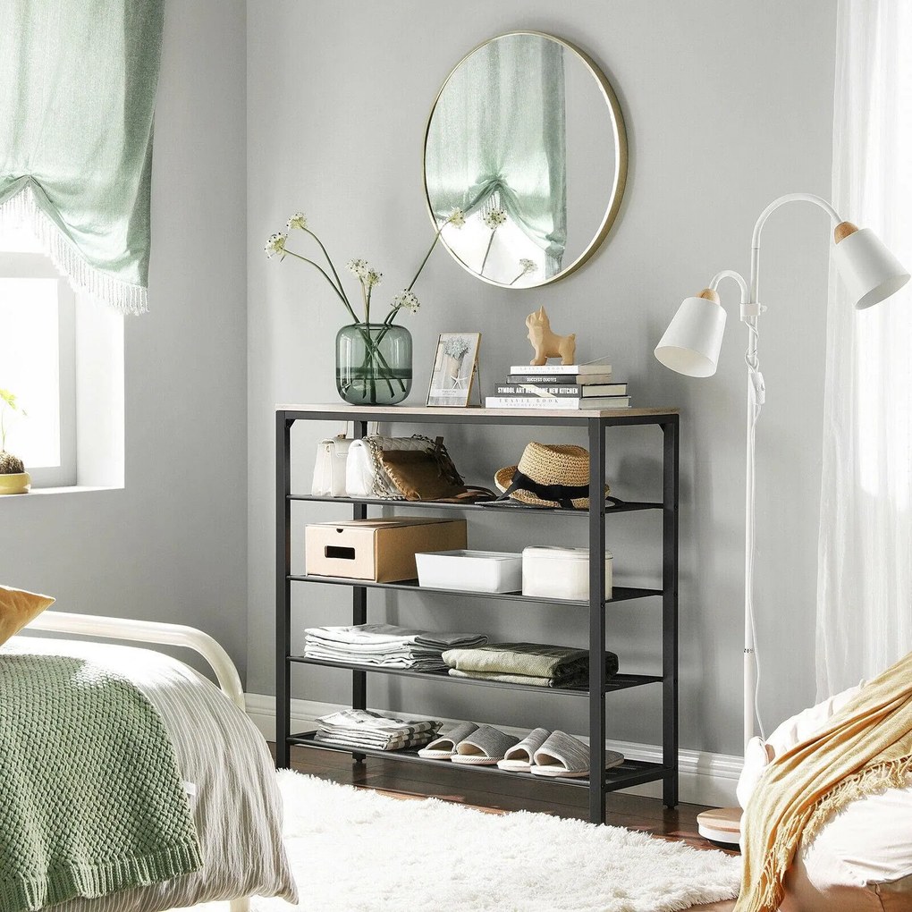 Stojan na topánky, botník so 4 sieťovými policami, čierny a greige