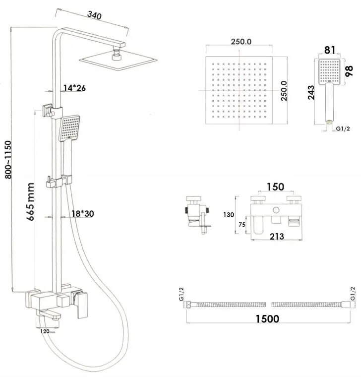 Sprchová súprava KABE s výtokom do vane - chrómová - hlavica 25x25 cm