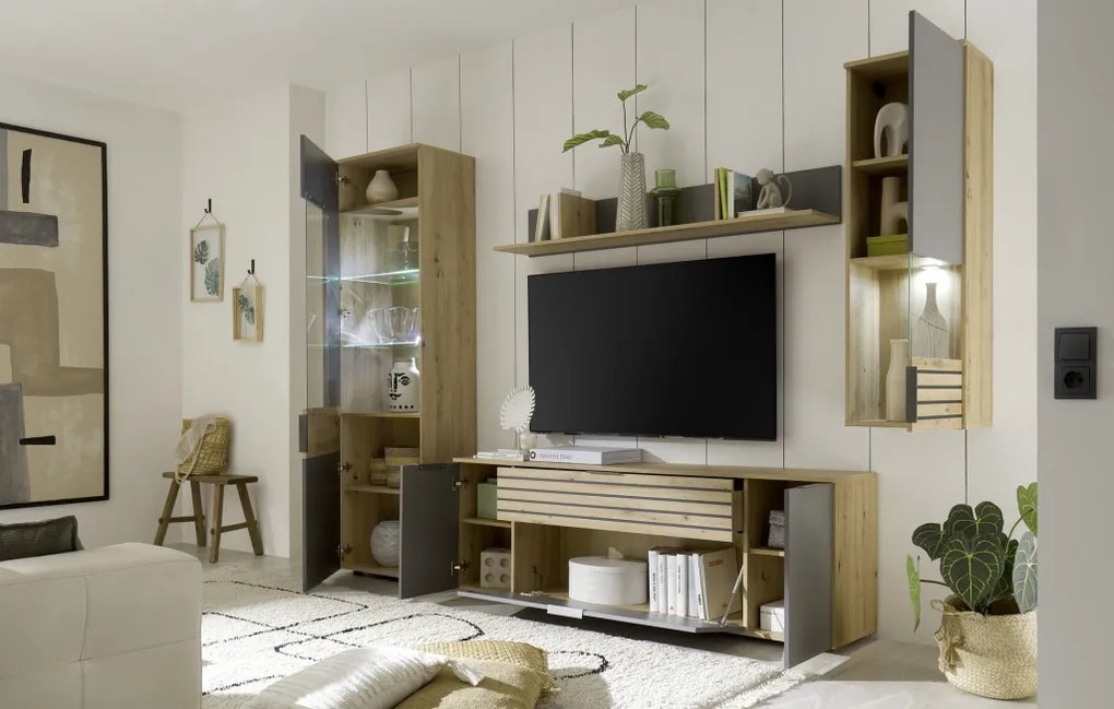 Obývacia stena Milan, dub artisan/sivá, s osvetlením