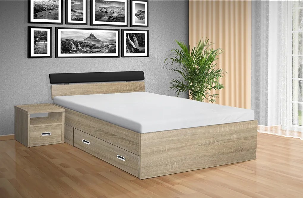 Nabytekmorava Drevená posteľ RAMI - M 180x200 cm dekor lamina: Akát, matrac: MATRACE 15cm, PUR
