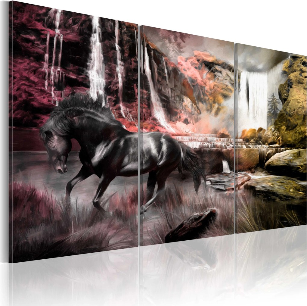 Obraz - Black horse by a waterfall 120x80
