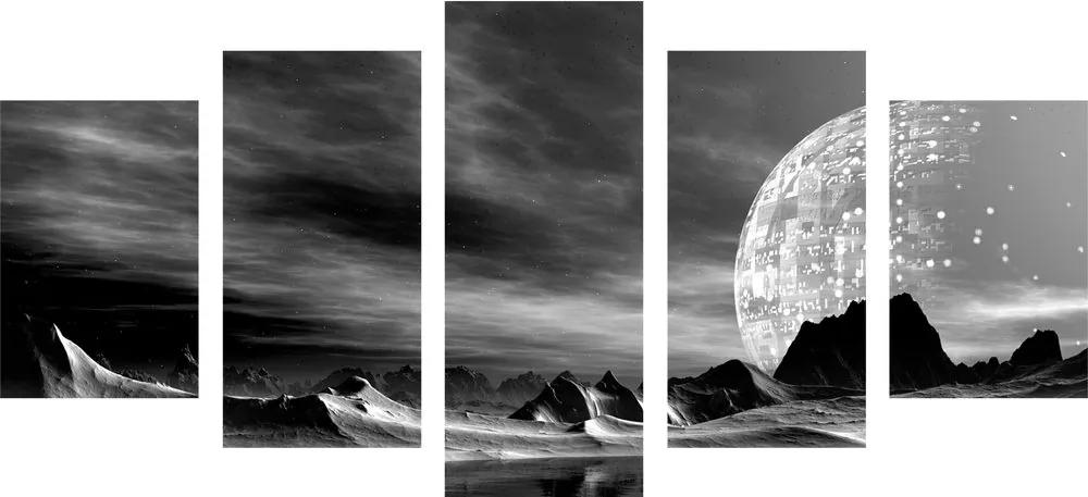 5-dielny obraz futuristická planéta v čiernobielom prevedení - 200x100