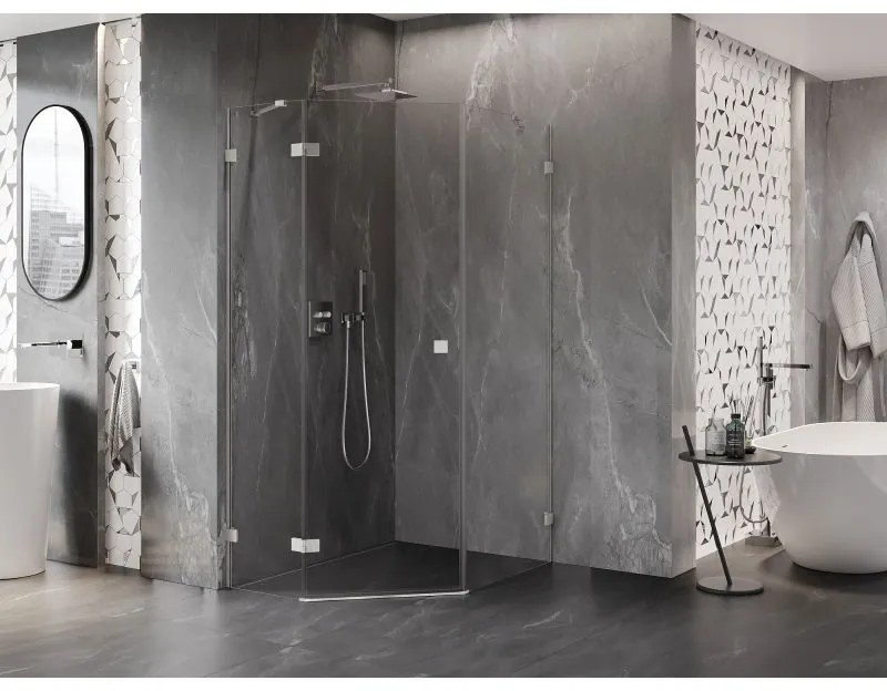 Mexen Lunar, päťuholníkový sprchový kút naklápací doľava 90 x 100 cm, 8mm číre sklo, oceľový profil, 831-090L-100P-97-00-L