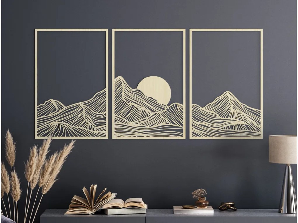 drevko Viacdielny obraz Minimalistické hory pri západe slnka Rozmer obrazu: 64,5 x 133 cm, Farba dekorácie: Čierna