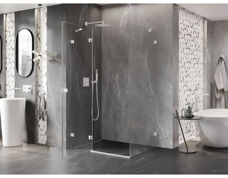 Mexen Lunar, výklopný sprchový kút ľavý 70 x 80 cm, 8mm číre sklo, biely profil, 834-070-080-20-00-L