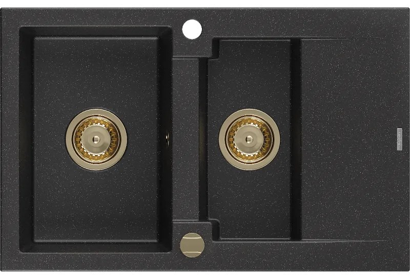 Mexen Gaspar, granitový drez 737x475x177 mm, 1,5-komorový, čierna-strieborná metalíza so zlatým sifónom, 6507731505-73-G