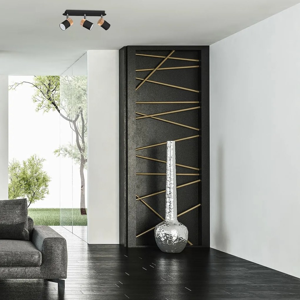 Bodové svietidlo Joker, 3x drevené/čierne kovové tienidlo, b/ch