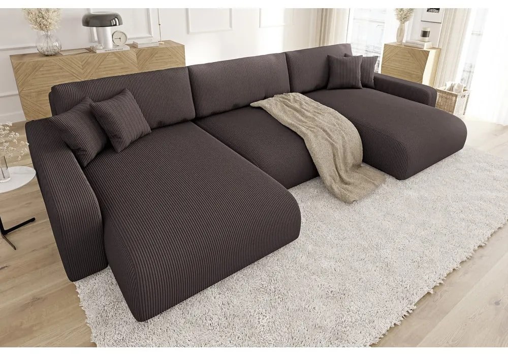 Hnedá menčestrová rozkladacia/s úložným priestorom rohová pohovka Sara – Ropez