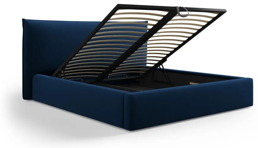 Tmavomodrá čalúnená dvojlôžková posteľ s úložným priestorom a roštom 180x200 cm Elio – Milo Casa