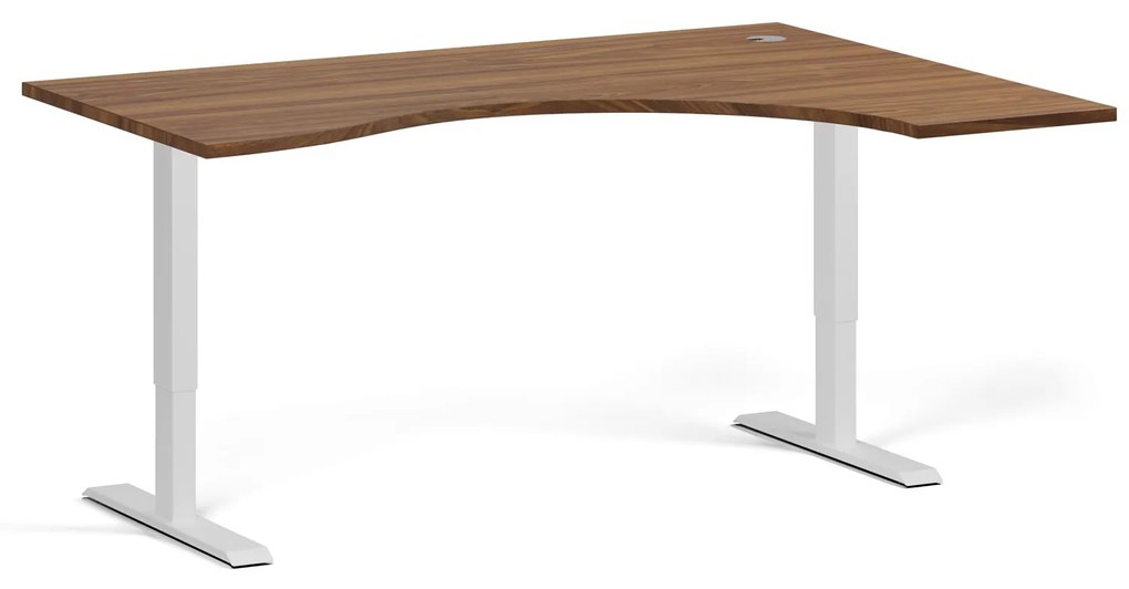Ergonomický výškovo nastaviteľný stôl, 160x120 cm, 2 motory, L/P, biela podnož, orech